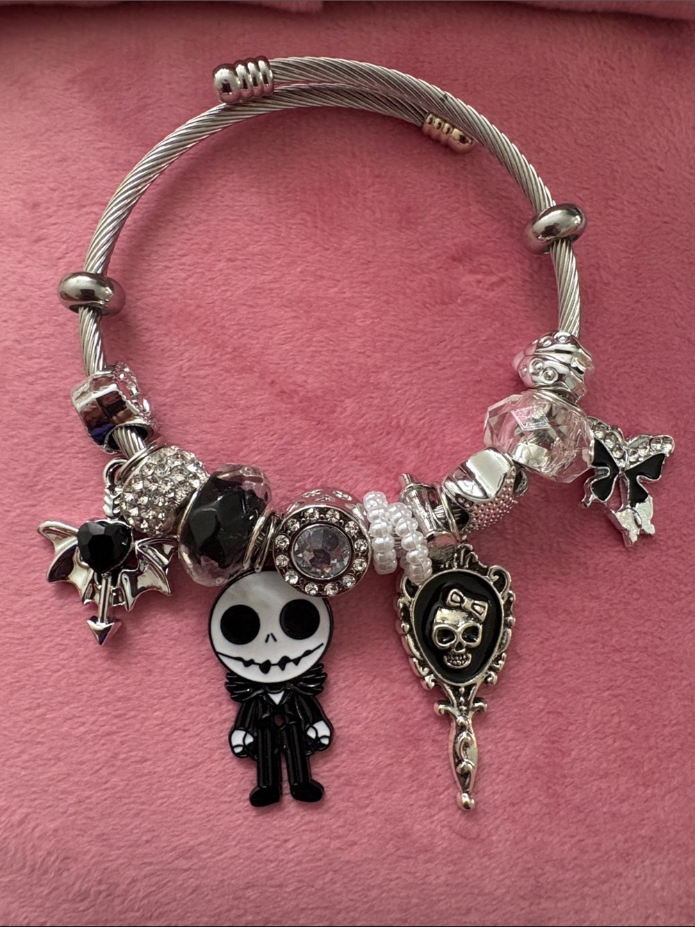 Silver-Tone Black & Clear Charm Bracelet with Jack Skellington Pendant